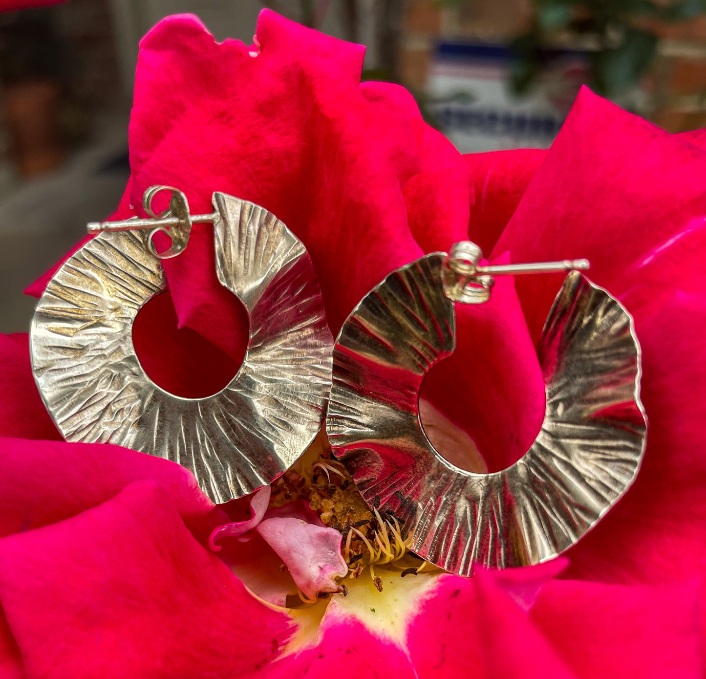 Rose Petal Silver Hoops