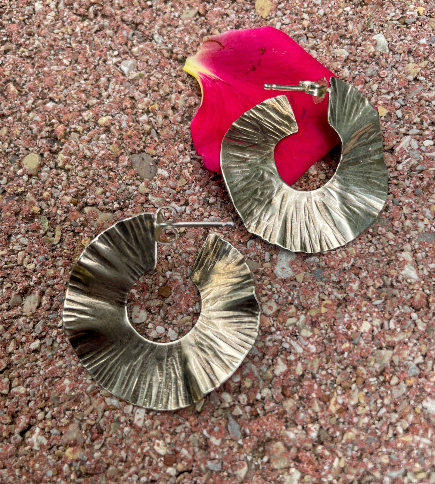 Rose Petal Silver Hoops