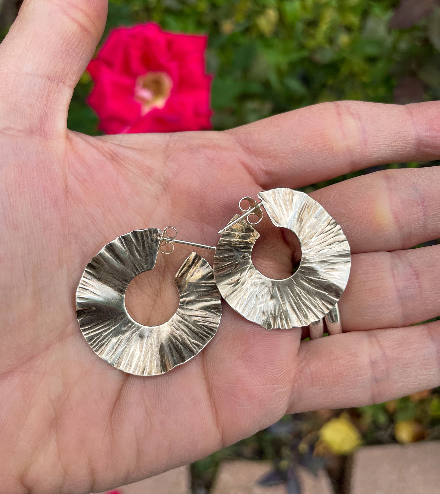 Rose Petal Silver Hoops